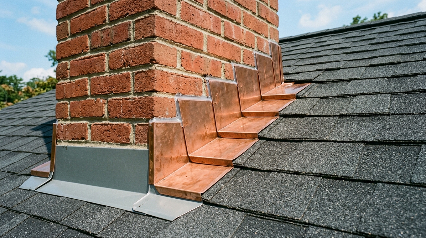 Close-up of chimney flashing where masonry meets a shingle roof