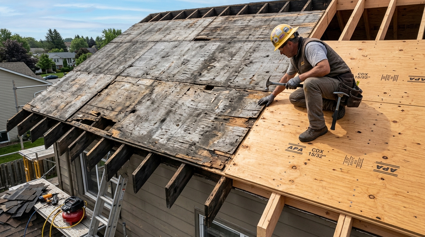 Roof tear-off revealing damaged plywood sheathing and CDX replacement
