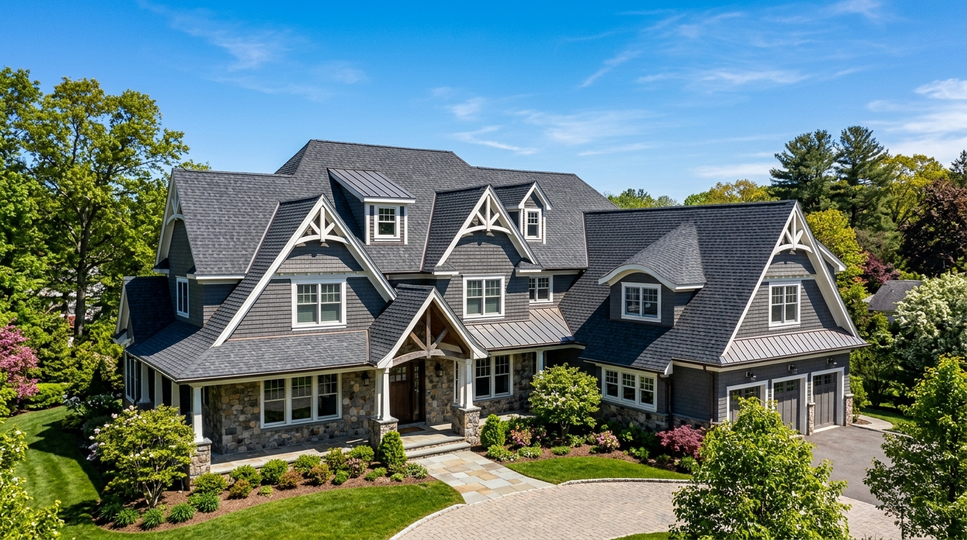 Complex multi-gable steep pitch roof architecture