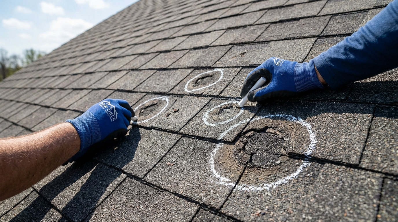 Close-up roof shingle inspection showing chalked hail impact bruising