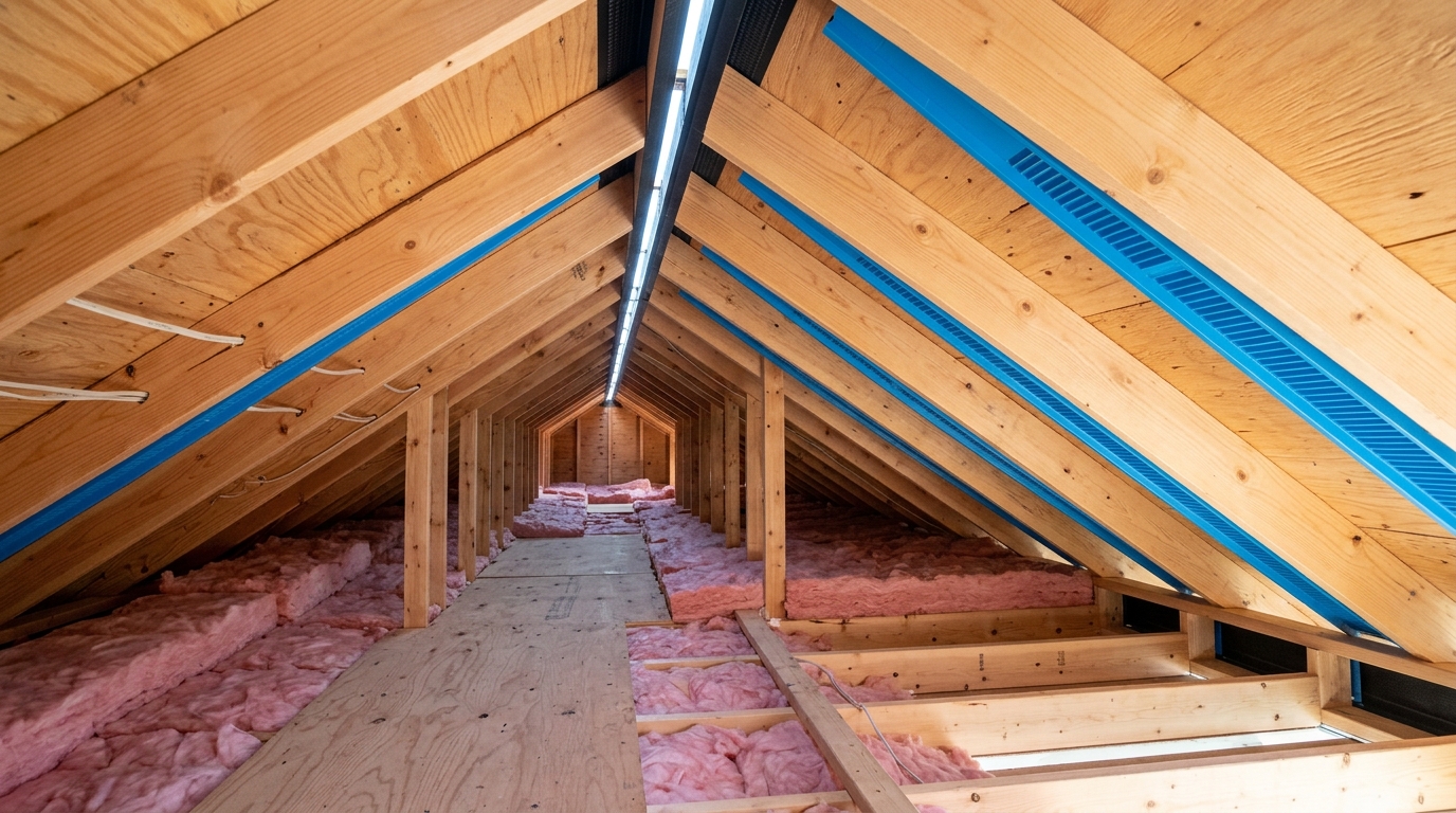 Attic roof ventilation with ridge exhaust and continuous airflow